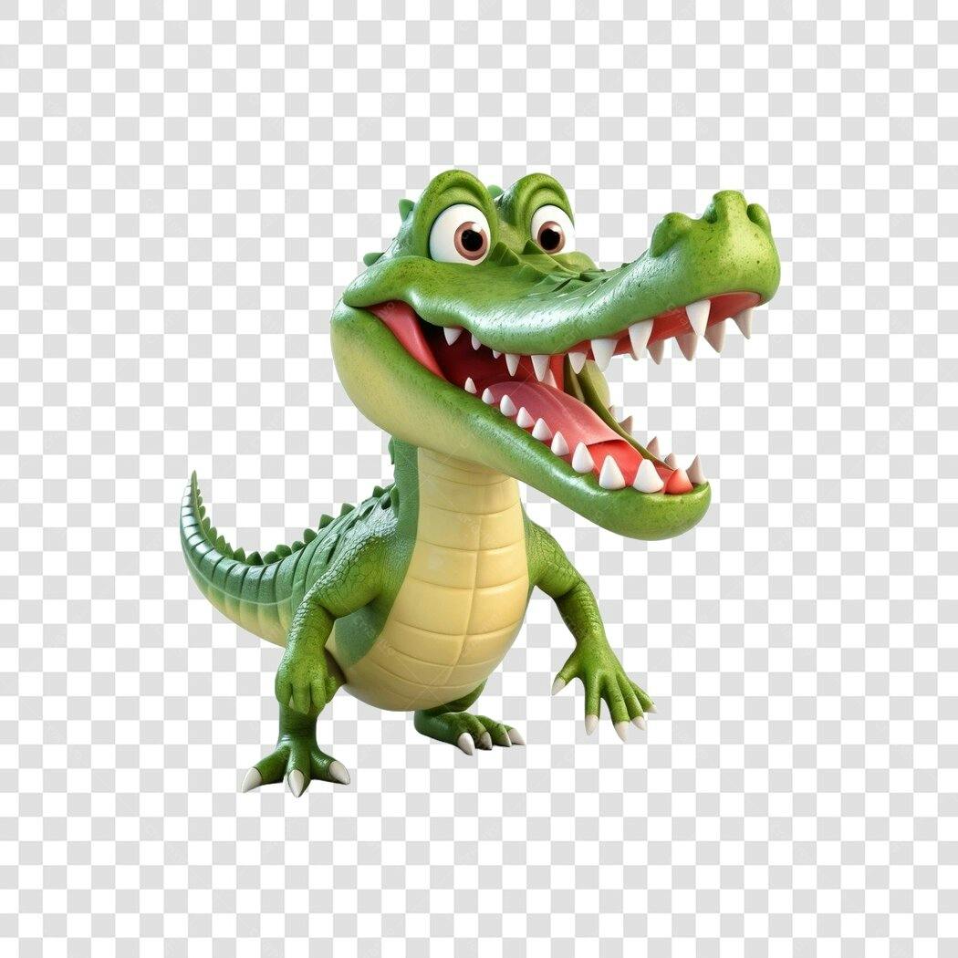 Personagem Ilustrado Jacaré Crocodilo Verde Boca Aberta PNG Fundo Transparente