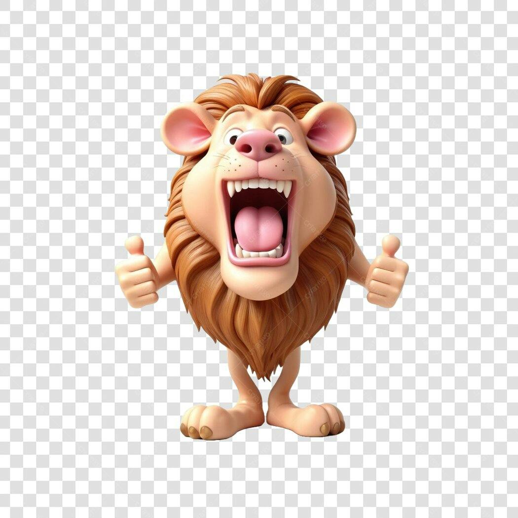 Personagem Ilustrado Leão 3D Caricatura Polegar para Cima PNG Fundo Transparente