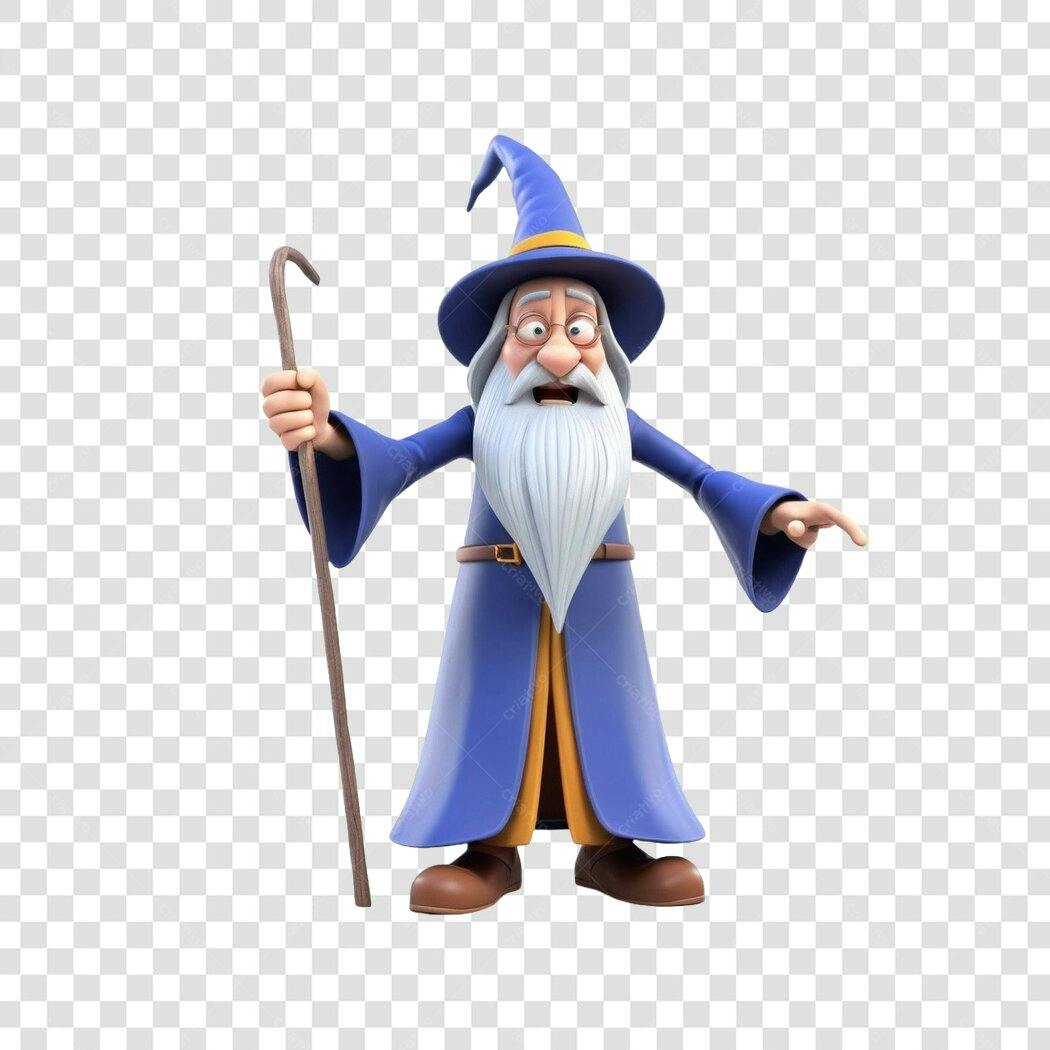 Personagem Ilustrado Mago Azul Cajado 3D PNG Fundo Transparente