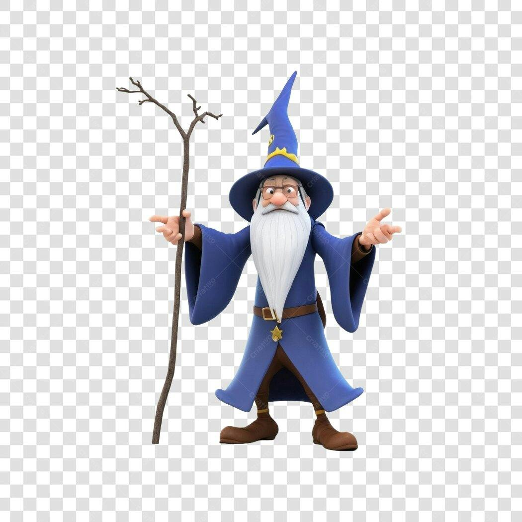 Personagem Ilustrado Mago Azul Cajado Mágico PNG Fundo Transparente