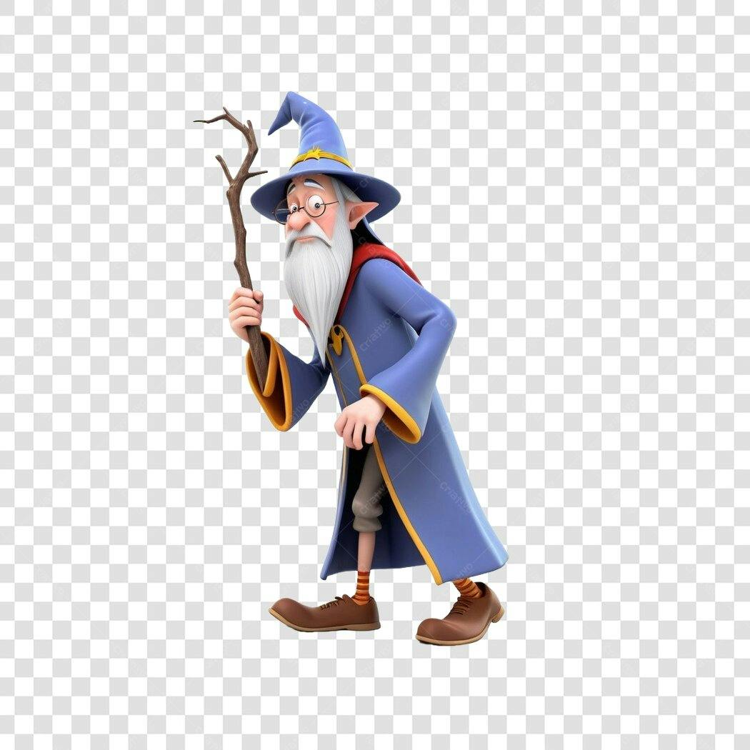 Personagem Ilustrado Mago Velho Cajado Azul PNG Fundo Transparente