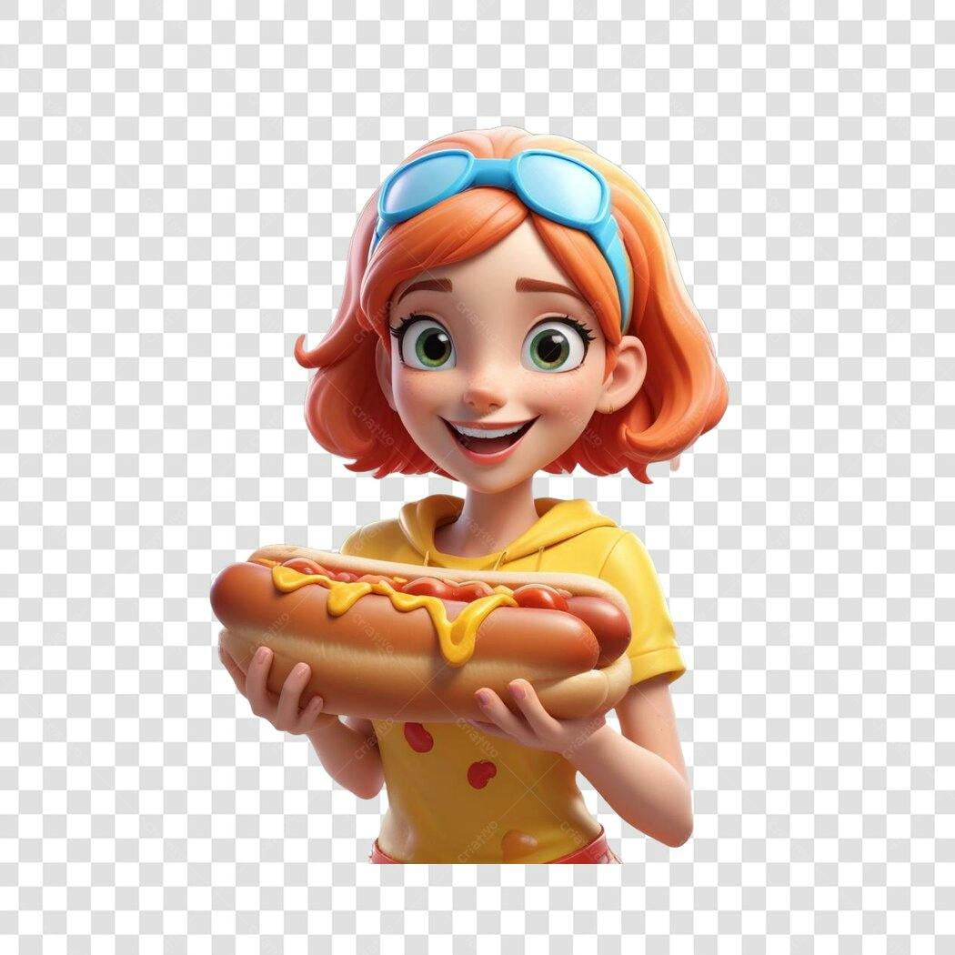Personagem Ilustrado Menina Hot Dog Lanchonete PNG Fundo Transparente