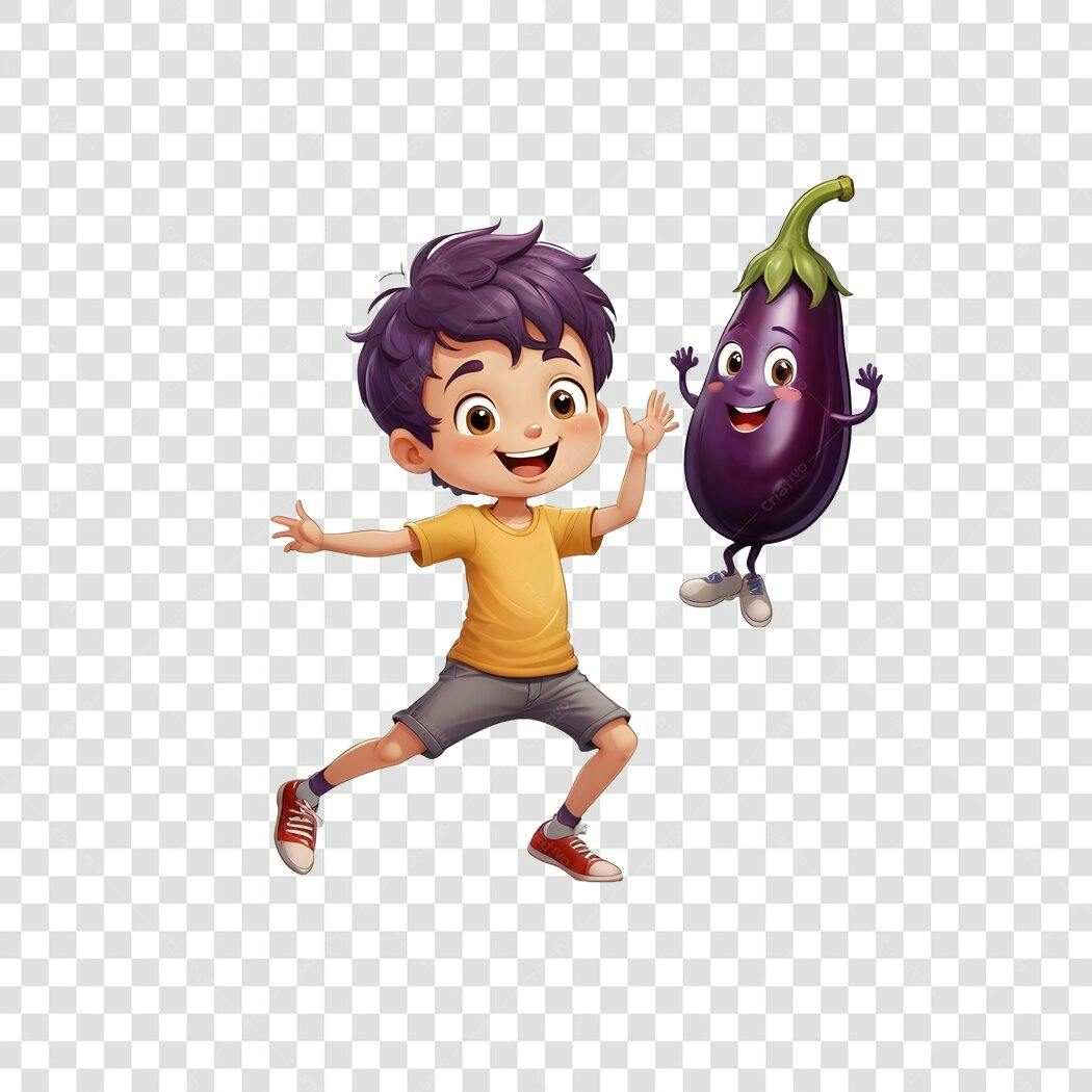 Personagem Ilustrado Menino Berinjela Saudável PNG Fundo Transparente
