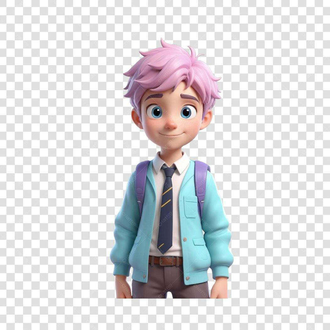 Personagem Ilustrado Menino Estudante Cabelo Rosa PNG Fundo Transparente