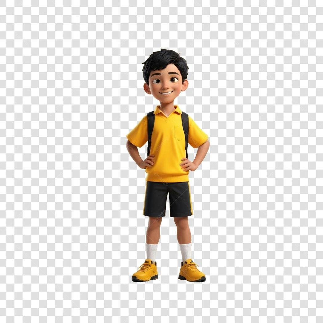 Personagem Ilustrado Menino Estudante Mochila Amarela PNG Fundo Transparente
