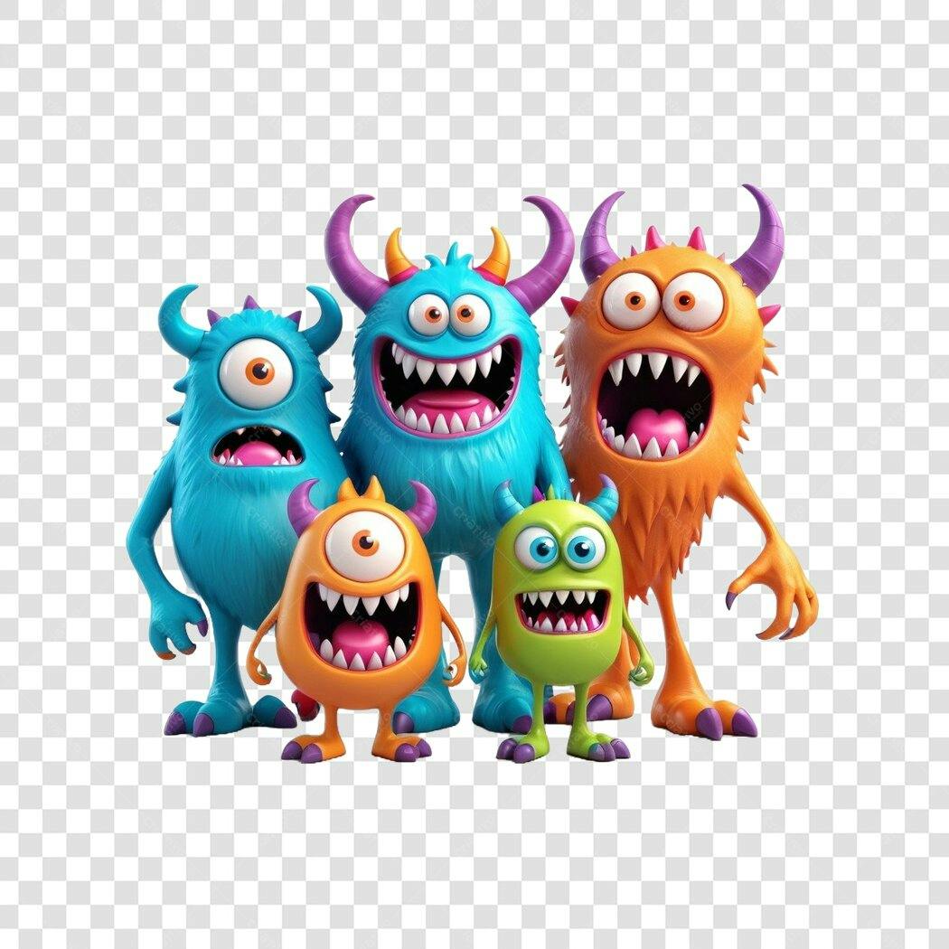 Personagem Ilustrado Monstros Coloridos 3D PNG Fundo Transparente
