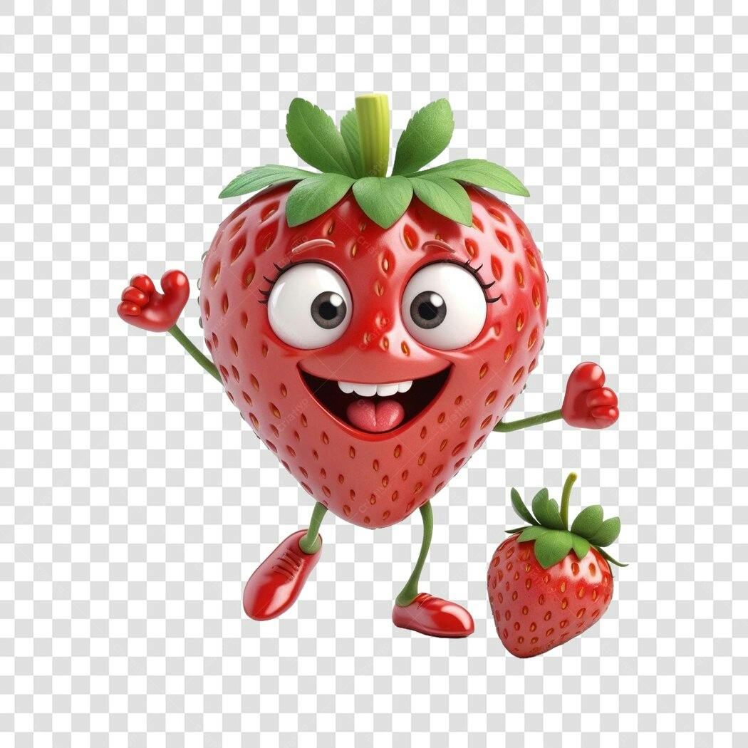 Personagem Ilustrado Morango Feliz 3D PNG Fundo Transparente