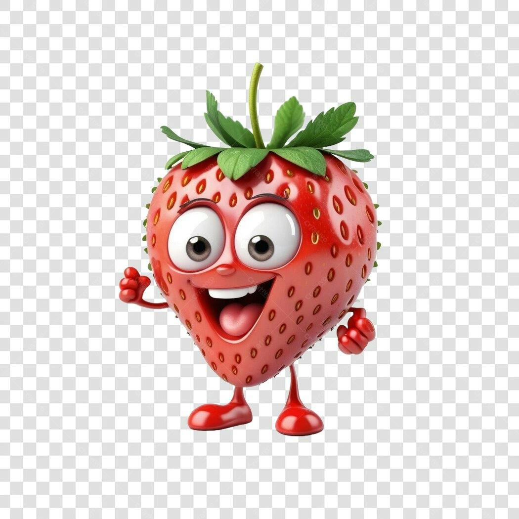 Personagem Ilustrado Morango Feliz 3D PNG Fundo Transparente
