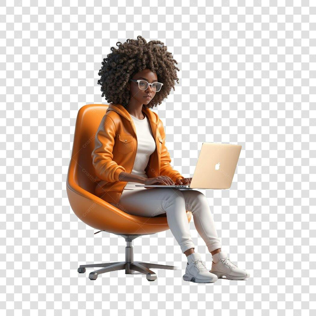 Personagem Ilustrado Mulher Negra Laptop Óculos PNG Fundo Transparente