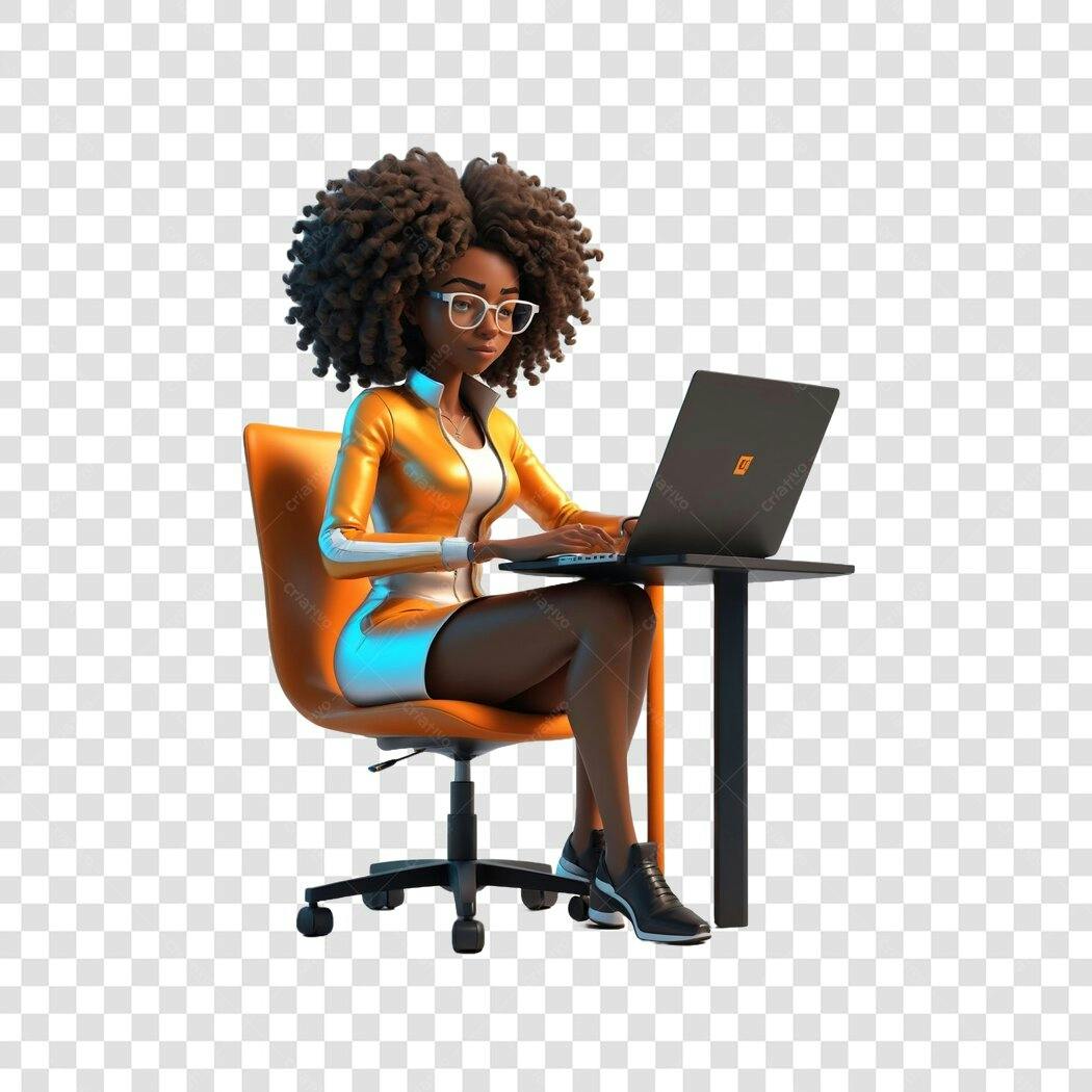 Personagem Ilustrado Mulher Negra Trabalhando Laptop PNG Fundo Transparente