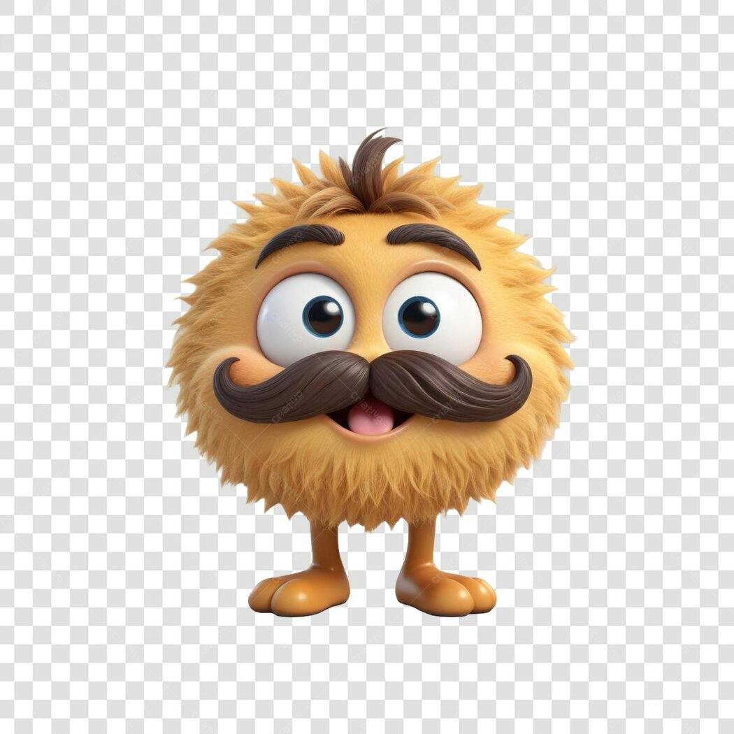 Personagem Ilustrado Peludo Bigode 3D PNG Fundo Transparente