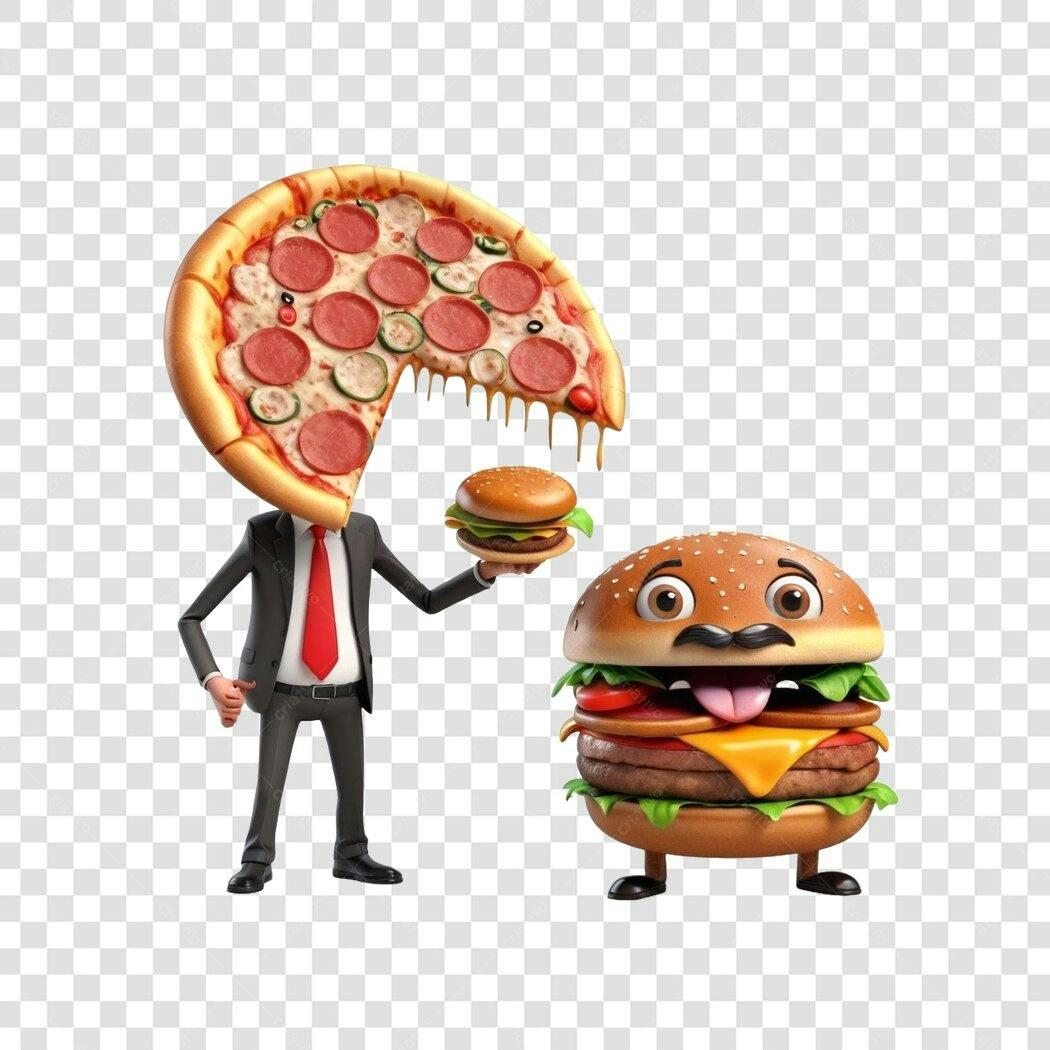 Personagem Ilustrado Pizza e Hambúrguer 3D PNG Fundo Transparente