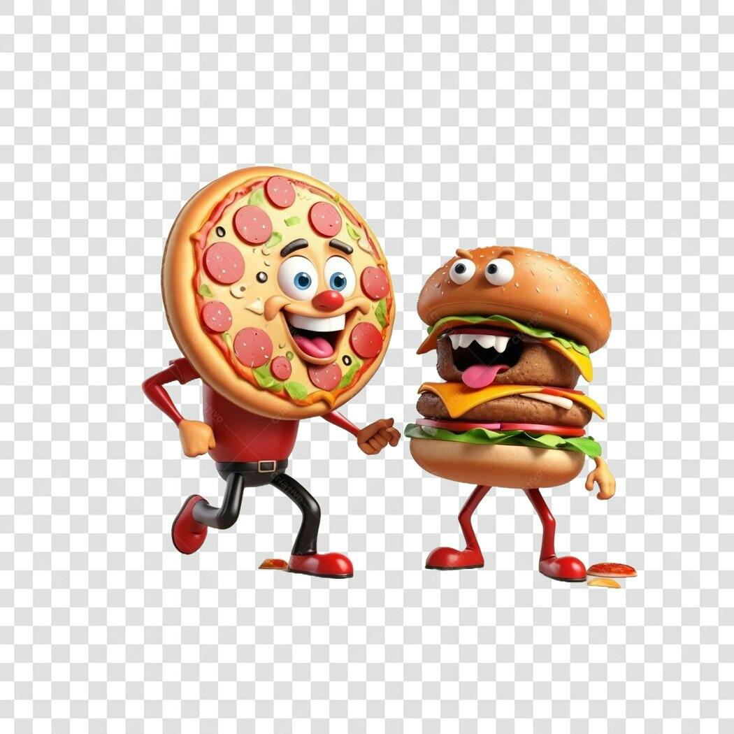Personagem Ilustrado Pizza e Hambúrguer 3D PNG Fundo Transparente