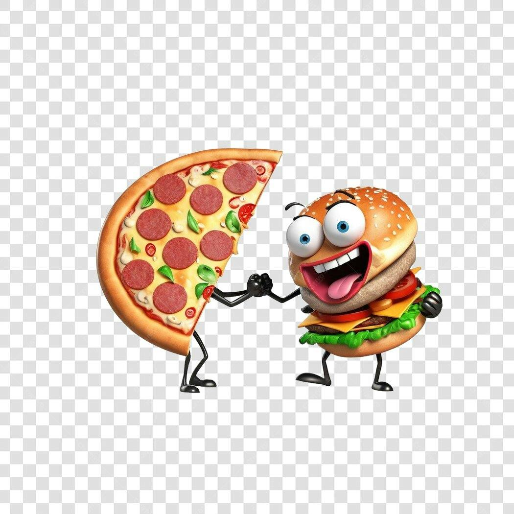 Personagem Ilustrado Pizza e Hambúrguer Amigos PNG Fundo Transparente
