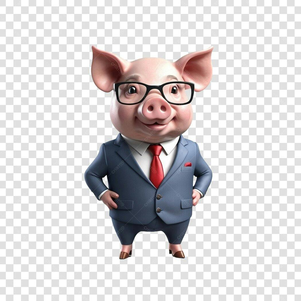 Personagem Ilustrado Porco de Terno e Óculos PNG Fundo Transparente