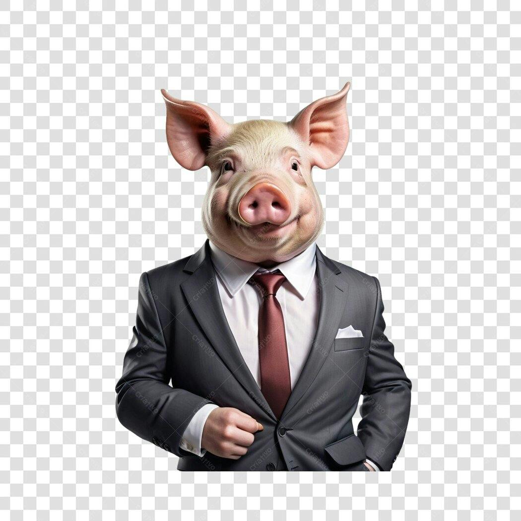 Personagem Ilustrado Porco de Terno Sorrindo PNG Fundo Transparente