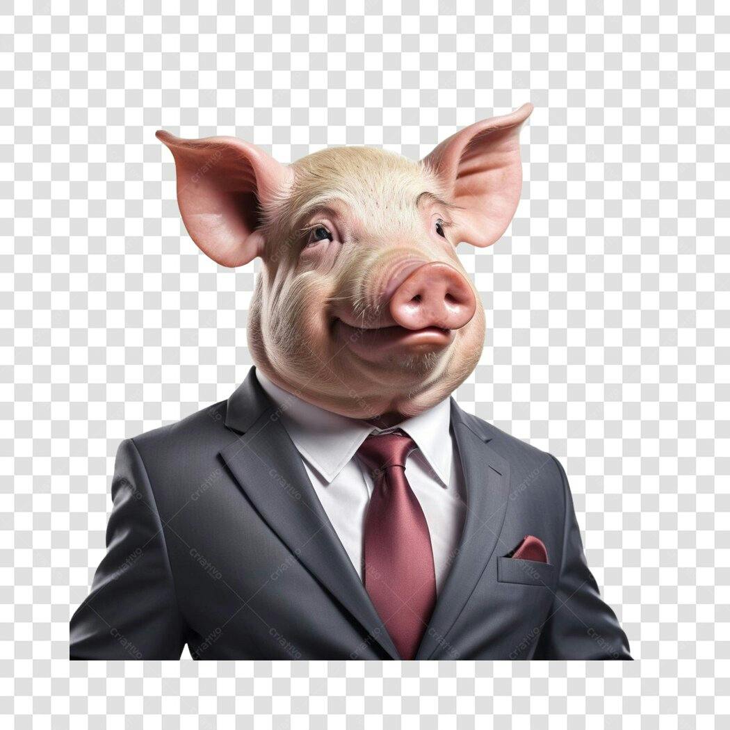 Personagem Ilustrado Porco de Terno Sorrindo PNG Fundo Transparente