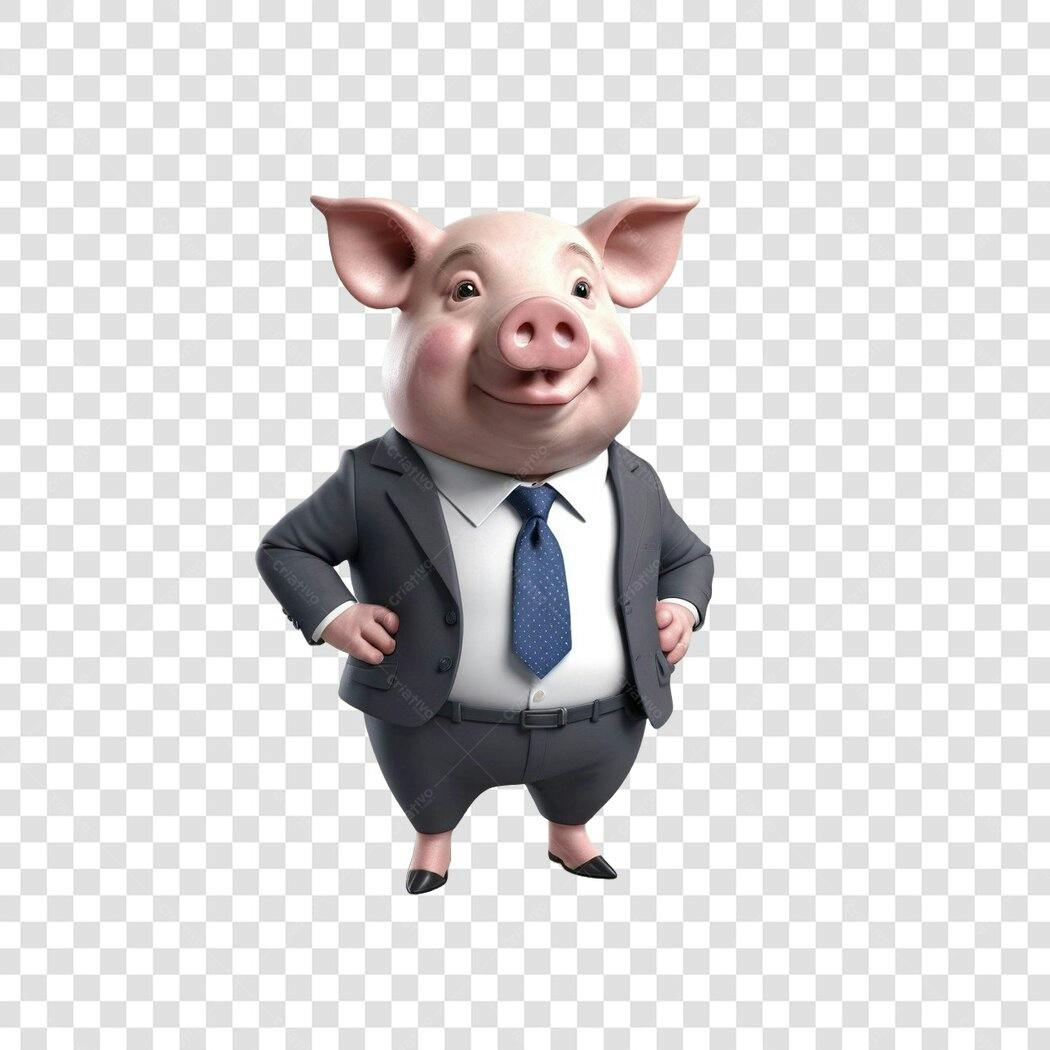 Personagem Ilustrado Porco Empresário Terno Gravata PNG Fundo Transparente