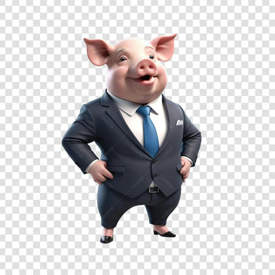 Personagem Ilustrado Porco Empresário Terno PNG Fundo Transparente
