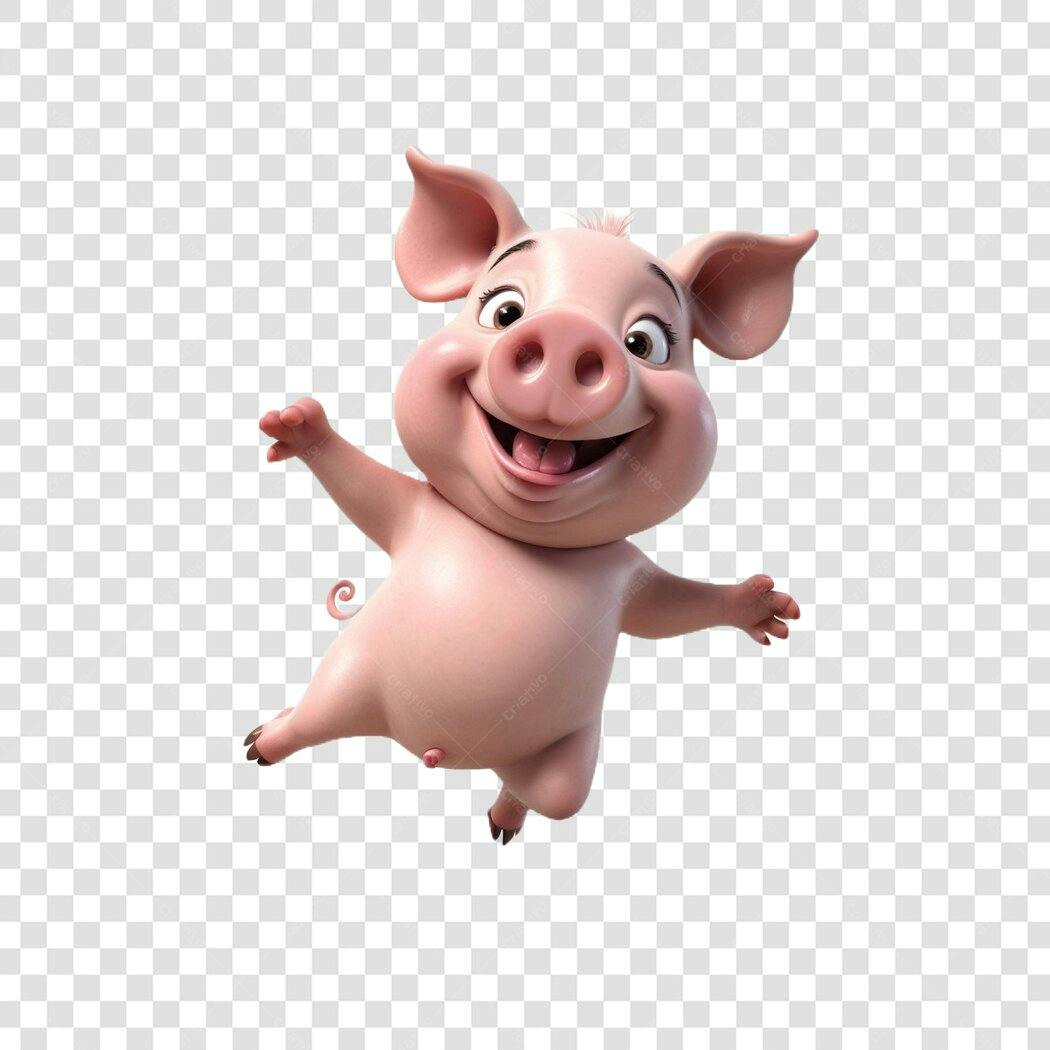 Personagem Ilustrado Porco Feliz Pulando PNG Fundo Transparente