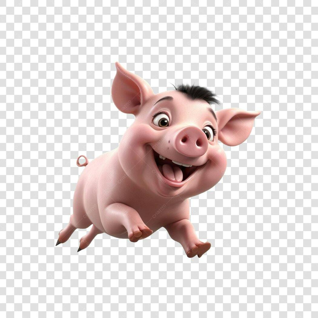 Personagem Ilustrado Porco Feliz Pulando PNG Fundo Transparente