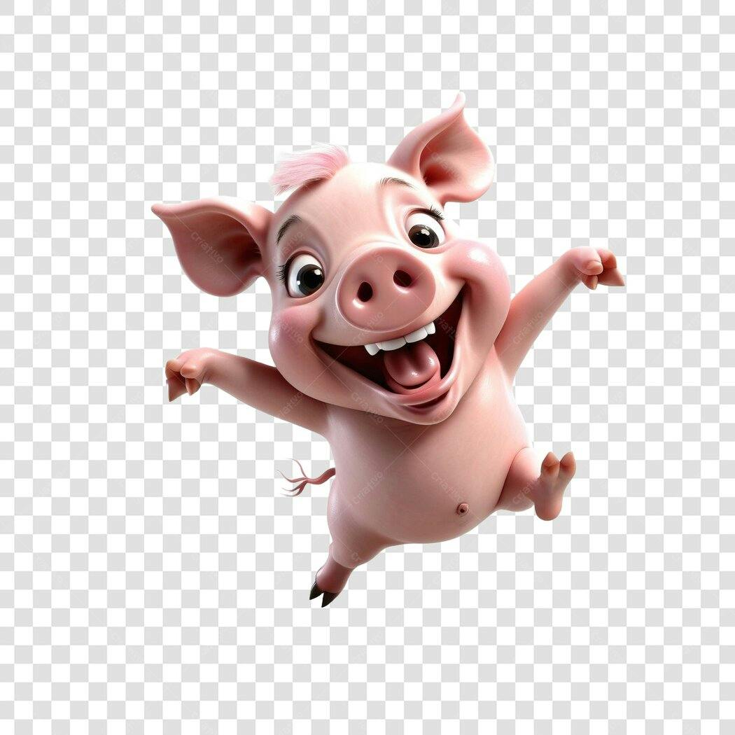 Personagem Ilustrado Porco Rosa Feliz Pulando PNG Fundo Transparente