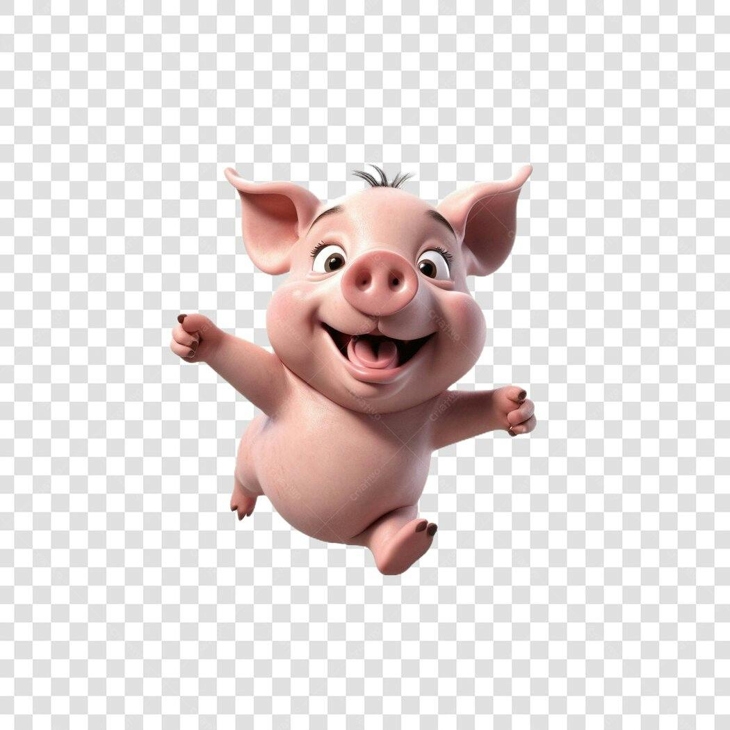 Personagem Ilustrado Porquinho Feliz Pulando PNG Fundo Transparente