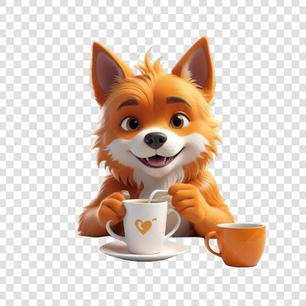 Personagem Ilustrado Raposa Fofa com Café PNG Fundo Transparente