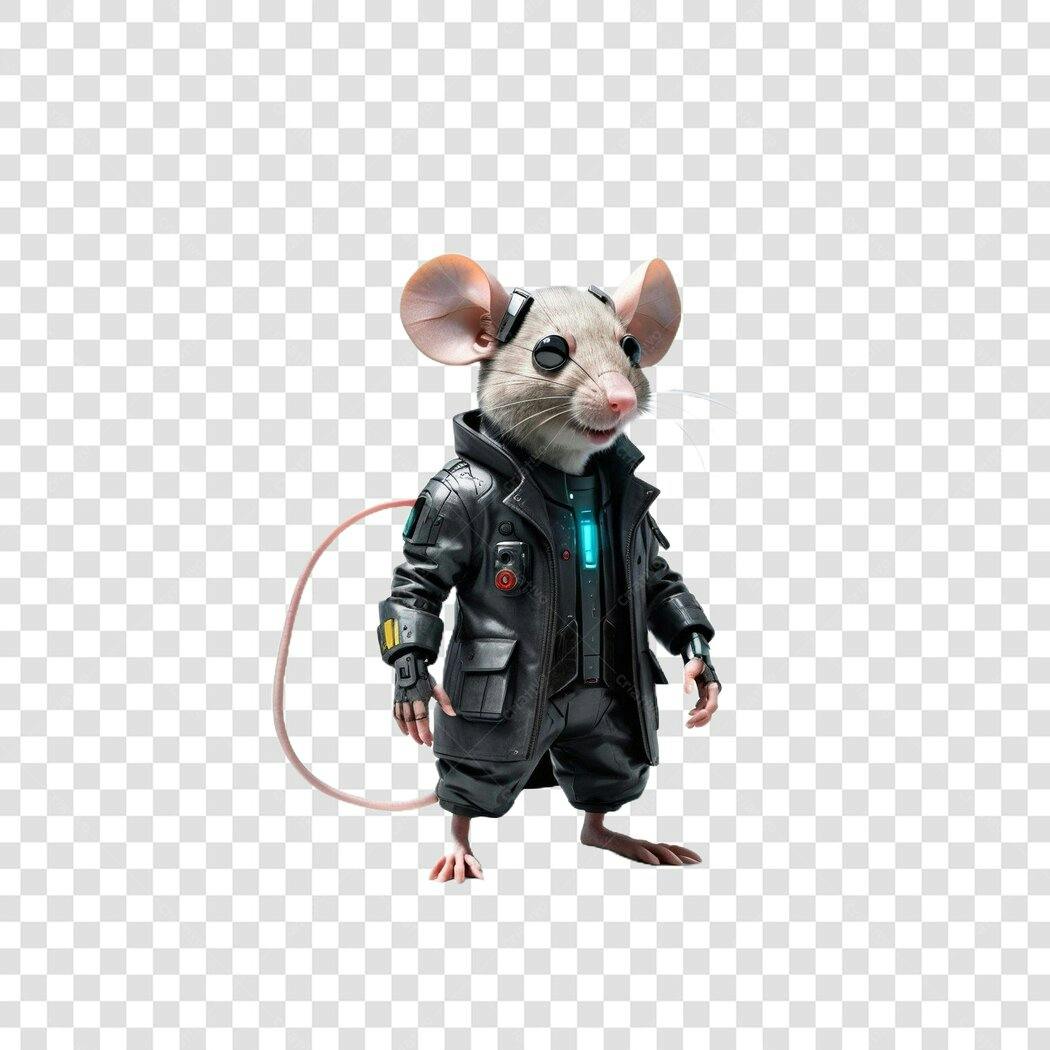 Personagem Ilustrado Rato Cyberpunk Jaqueta Preta PNG Fundo Transparente