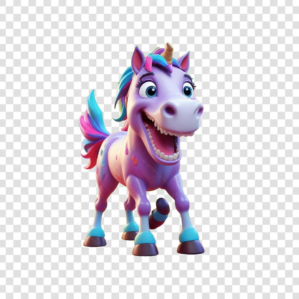 Personagem Ilustrado Unicórnio Rosa e Roxo Feliz PNG Fundo Transparente