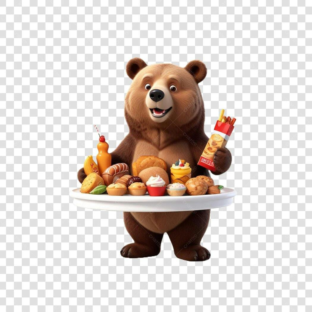 Personagem Ilustrado Urso Comida Lanches Fast Food PNG Fundo Transparente