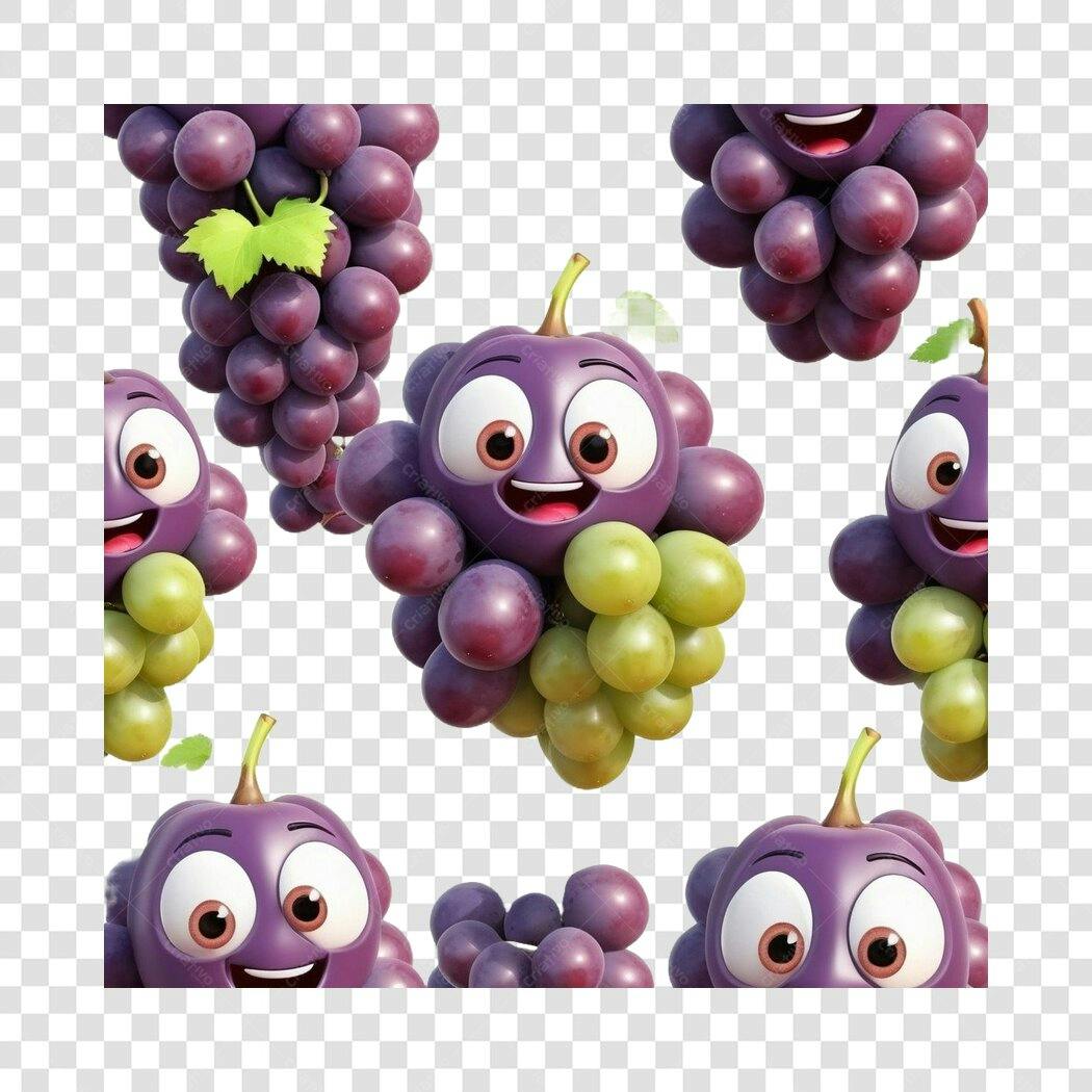 Personagem Ilustrado Uva Roxa Verde Feliz PNG Fundo Transparente