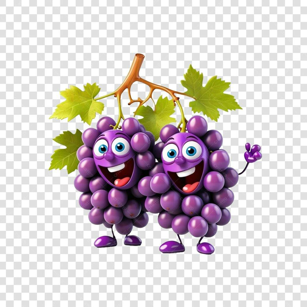 Personagem Ilustrado Uvas Roxas Felizes PNG Fundo Transparente
