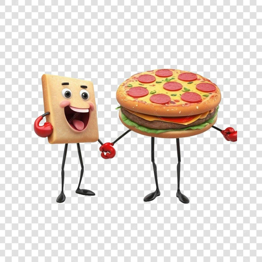 Personagens 3D Pão e Pizza Amigos PNG Fundo Transparente