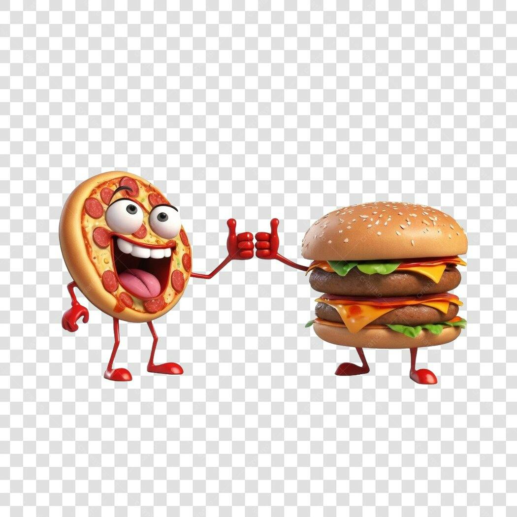 Personagens 3D Pizza e Hambúrguer PNG Fundo Transparente