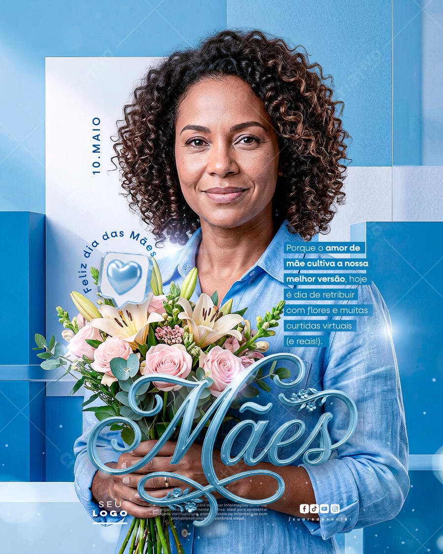 Post Instagram Dia das Mães Flores Azul PSD Editável