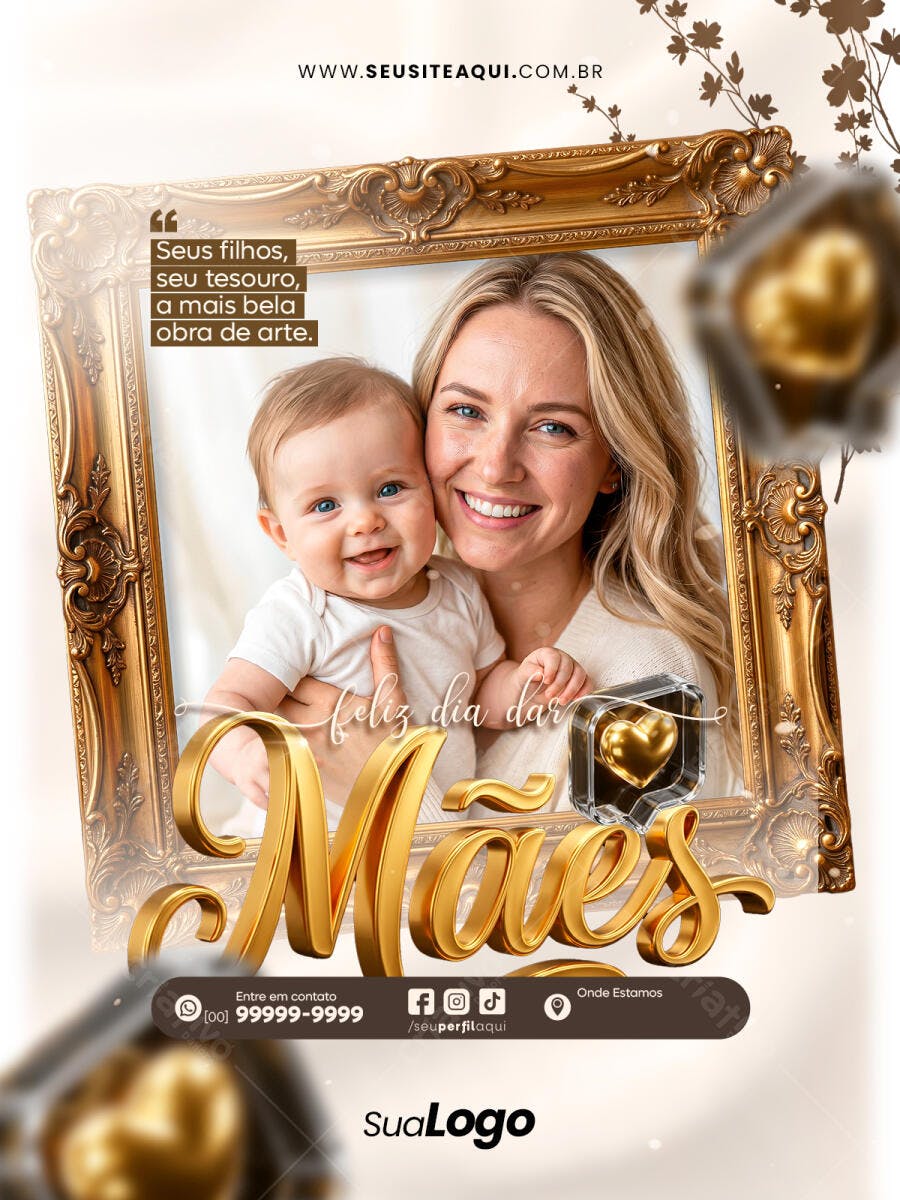 Post Instagram Dia das Mães Moldura Dourada PSD Editável
