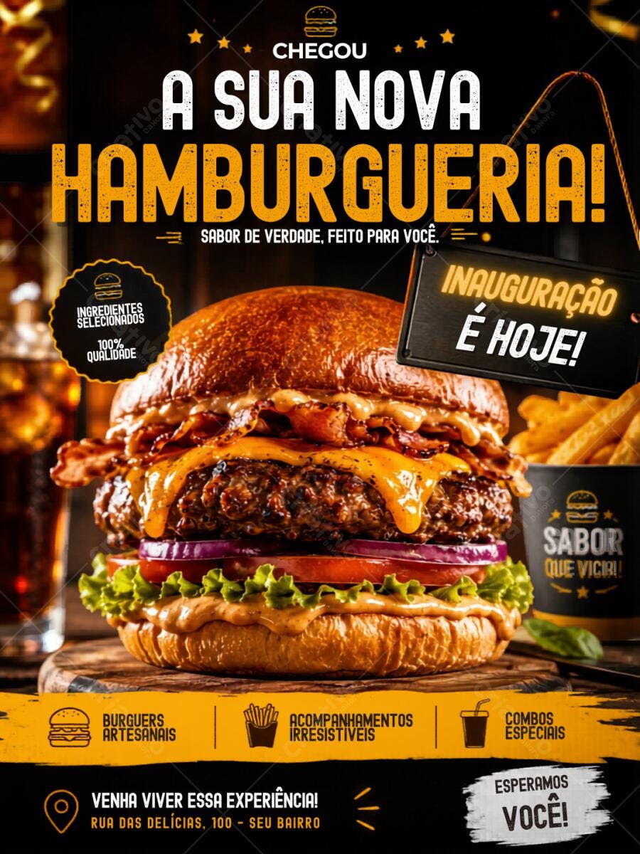Template Canva Post Hamburgueria Inauguração Lançamento Editável
