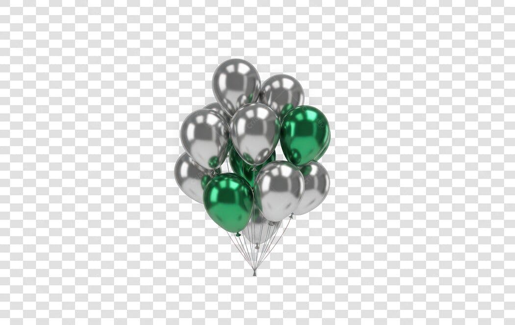 Elemento 3D Balões Prata Verde Metálico PNG Fundo Transparente