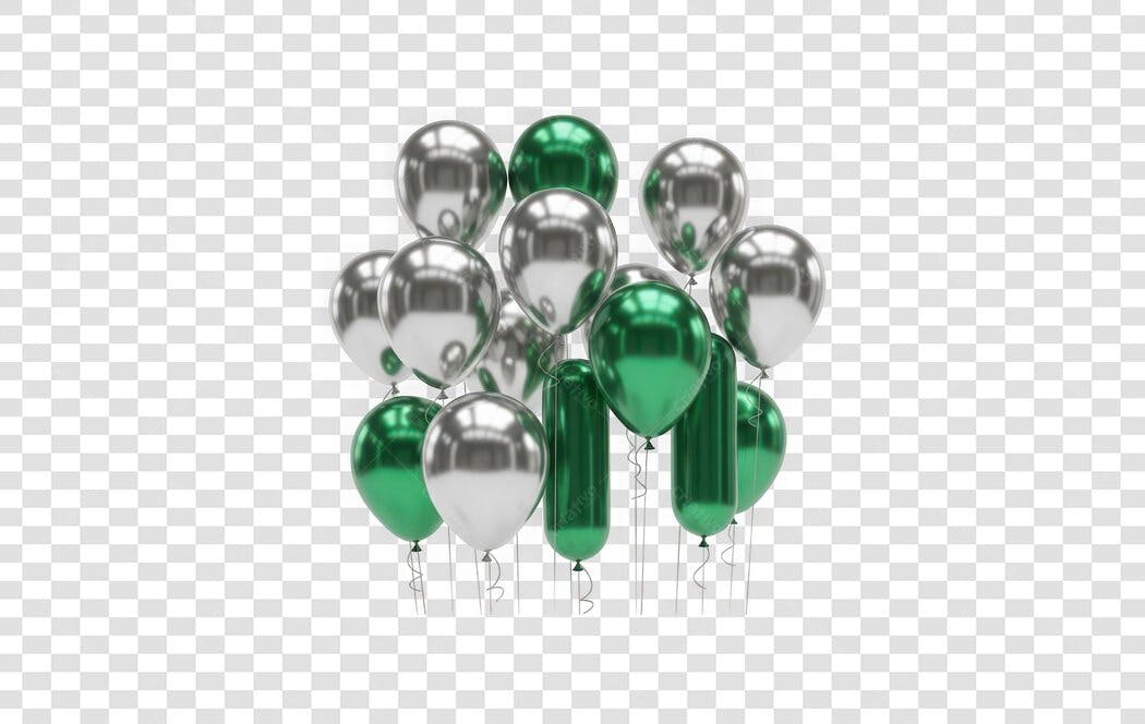 Elemento 3D Balões Verdes e Prateados Decoração PNG Fundo Transparente