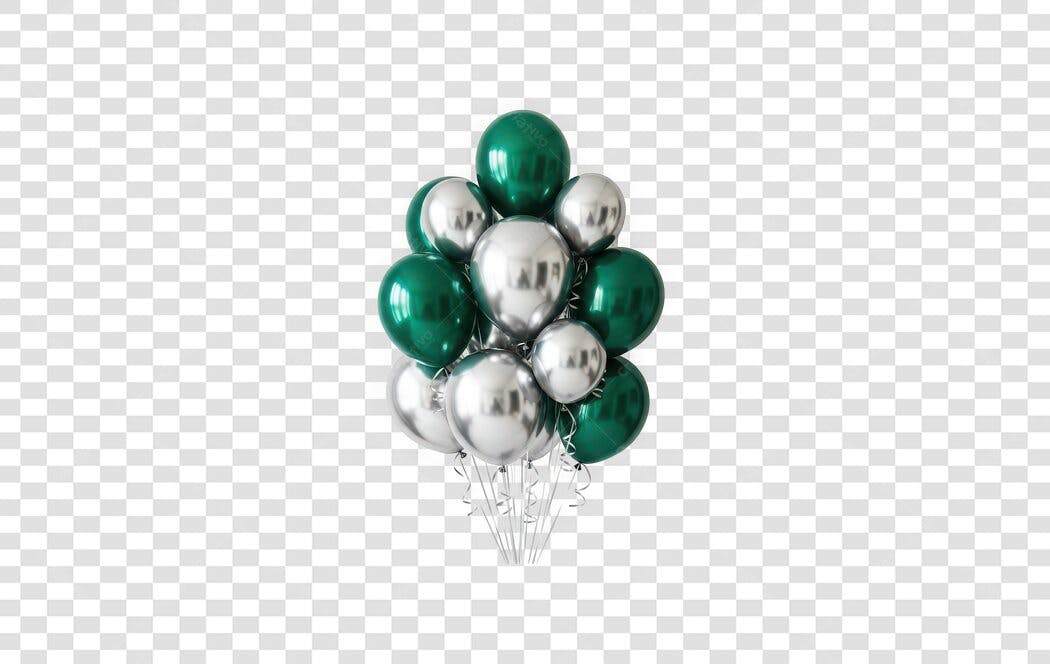 Elemento 3D Balões Verdes Prateados Decoração Festa PNG Fundo Transparente