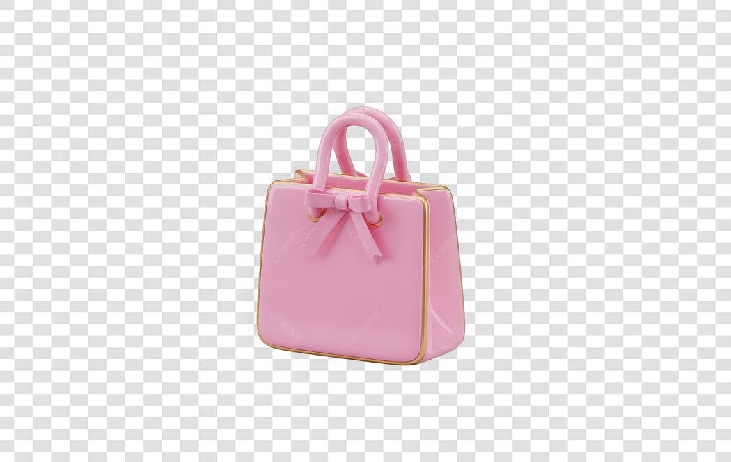 Elemento 3D Bolsa Rosa Laço Dourado PNG Fundo Transparente