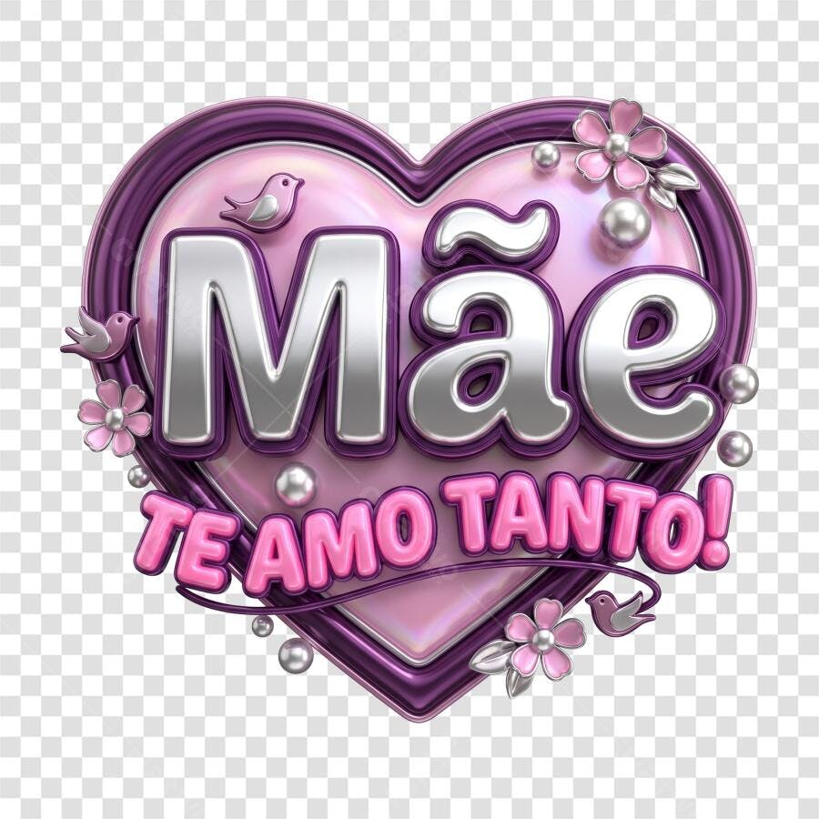 Elemento 3D Dia das Mães Coração Roxo Prata PNG Fundo Transparente