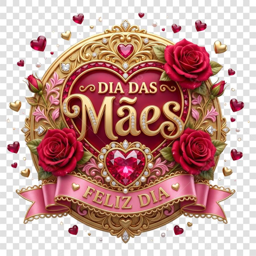 Elemento 3D Dia das Mães Maio Dourado Rosas Vermelhas PNG Fundo Transparente