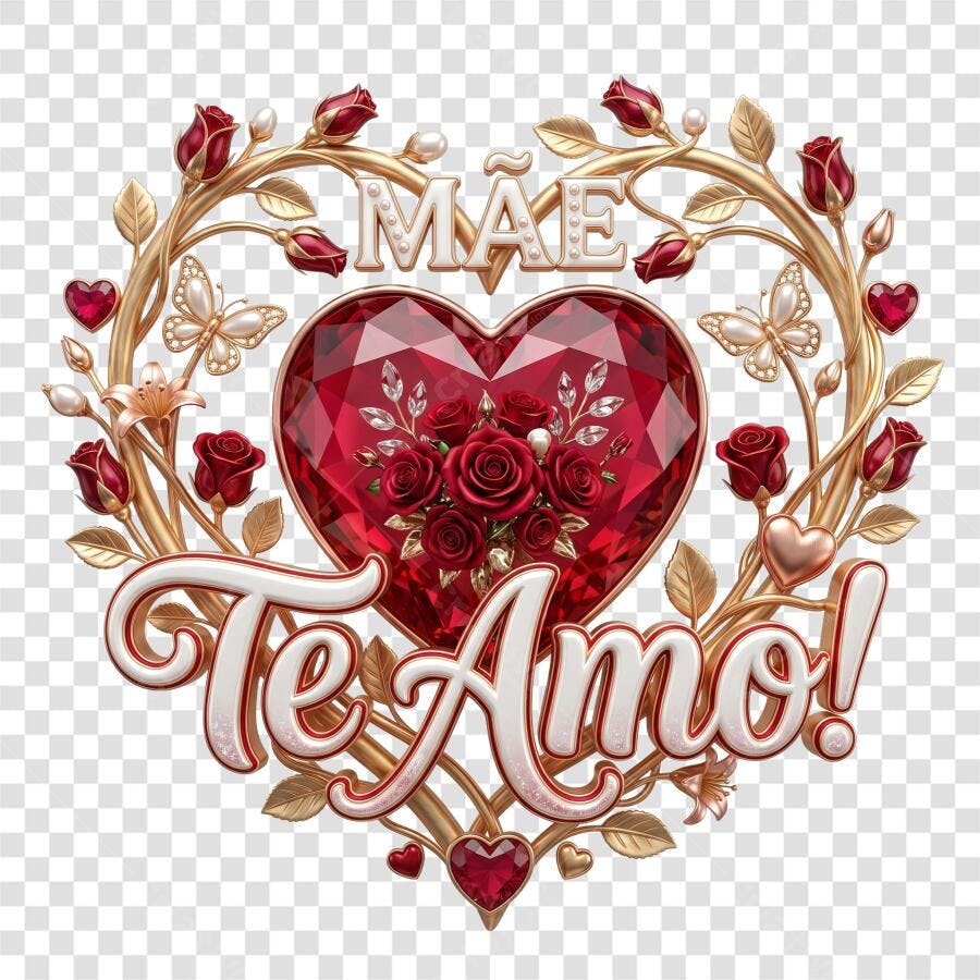Elemento 3D Dia das Mães Te Amo Coração Rosas Maio PNG Fundo Transparente