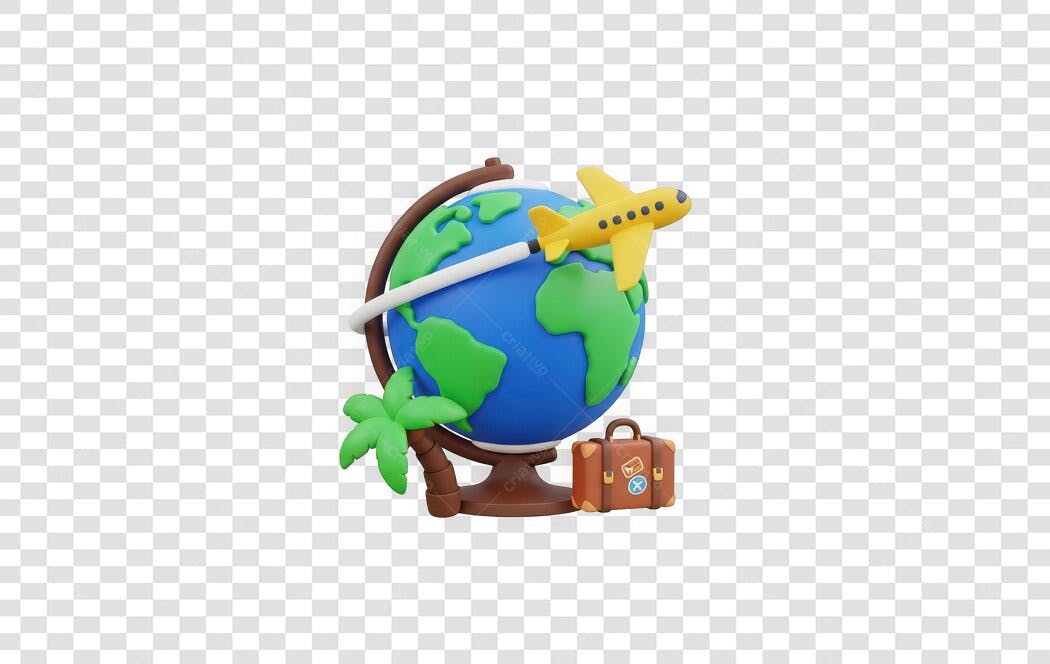 Elemento 3D Globo Avião Viagem Malas PNG Fundo Transparente