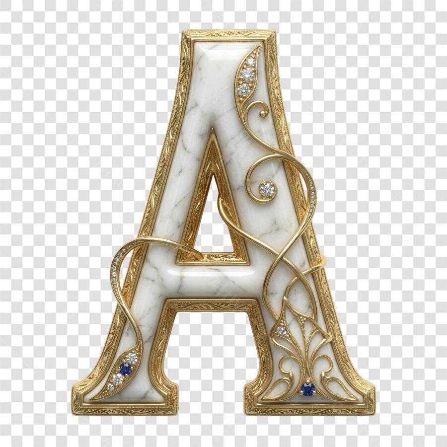 Elemento 3D Letra A Mármore Dourado Diamantes PNG Fundo Transparente