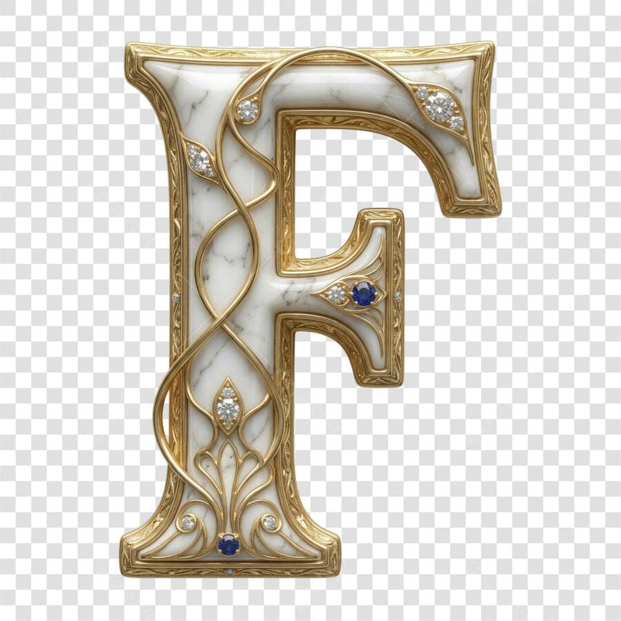 Elemento 3D Letra F Mármore Dourado Diamantes PNG Fundo Transparente
