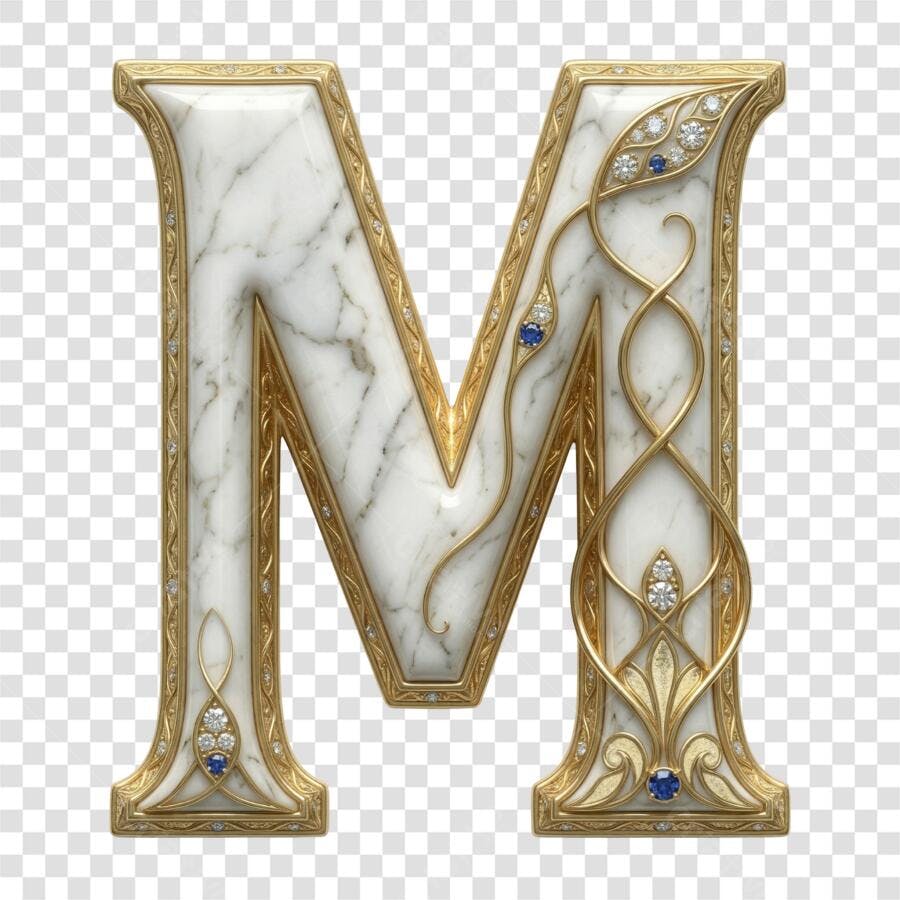 Elemento 3D Letra M Mármore Dourado Joias PNG Fundo Transparente