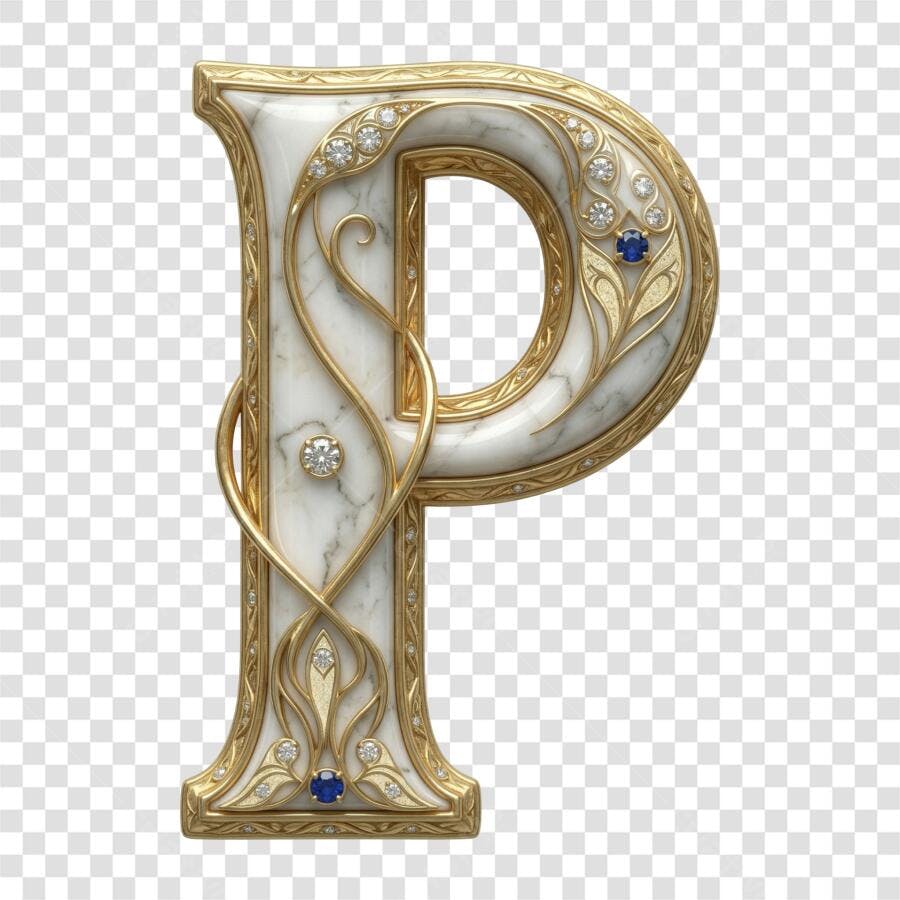Elemento 3D Letra P Dourada Mármore Diamantes PNG Fundo Transparente